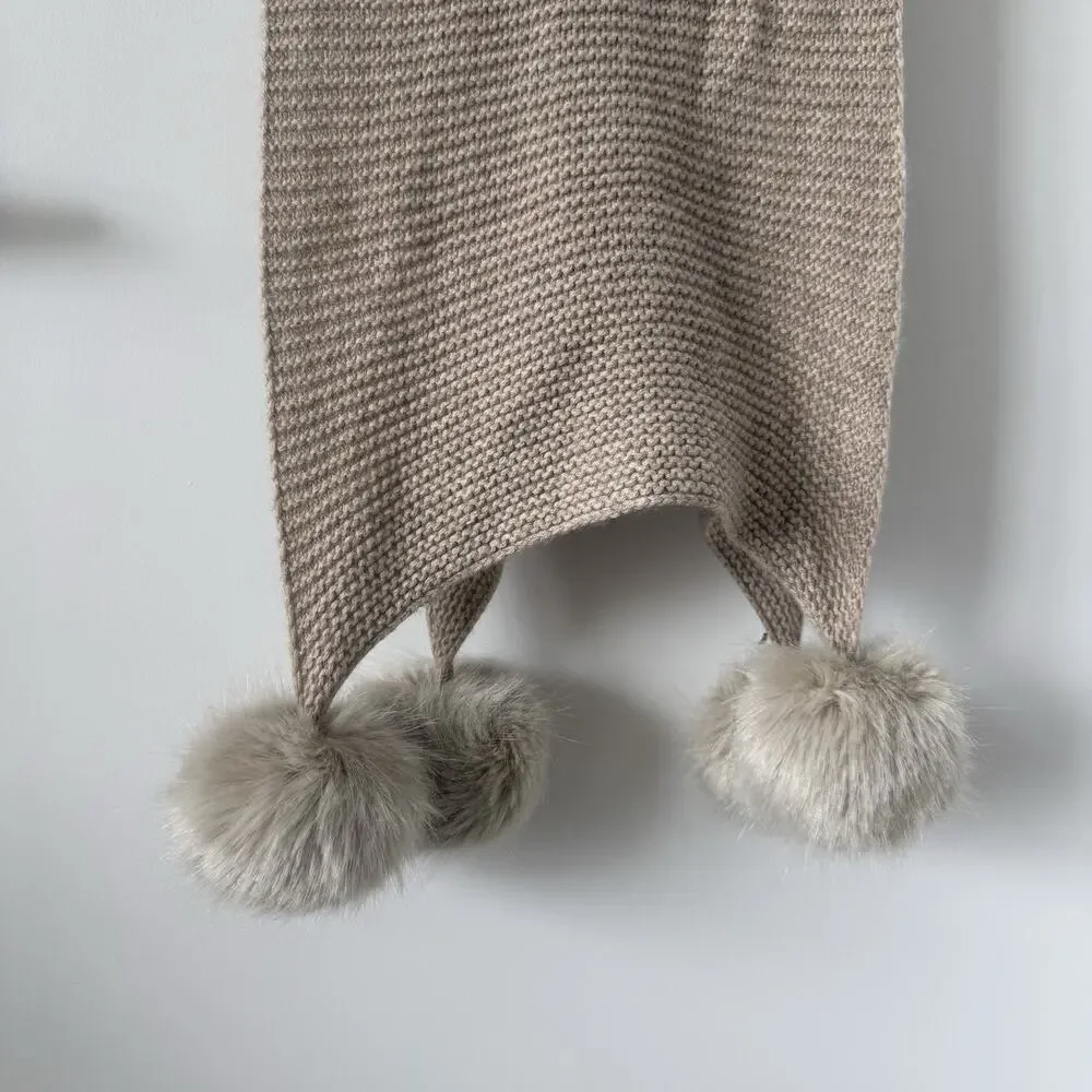 RH WOMENS‎ CASHMERE WOOL Wrap LONG Winter SCARF FUR Poms Oatmeal Color 30